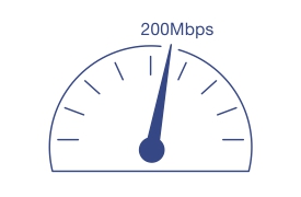 A speedometer-like gauge displays a speed of 200 Mbps, with the needle pointing to the right. The gauge is marked with evenly spaced lines, and the number 200 Mbps is prominently shown at the top center. The gauge is colored in blue.