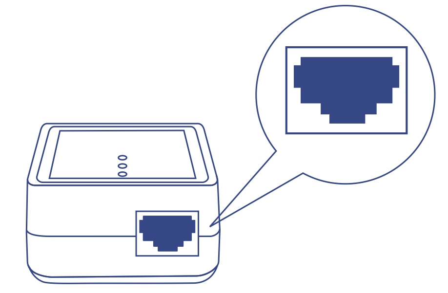 Illustration of a Powerline Nano Adapter with three status lights and a speech bubble containing an Ethernet port icon.