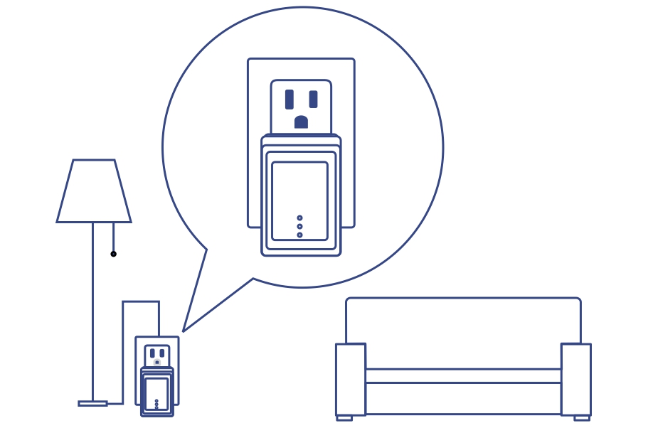 Line drawing of a room with a floor lamp, couch, and an electrical outlet with a Powerline Nano Adapter plugged in. The outlet is highlighted in a speech bubble, indicating smart home technology.
