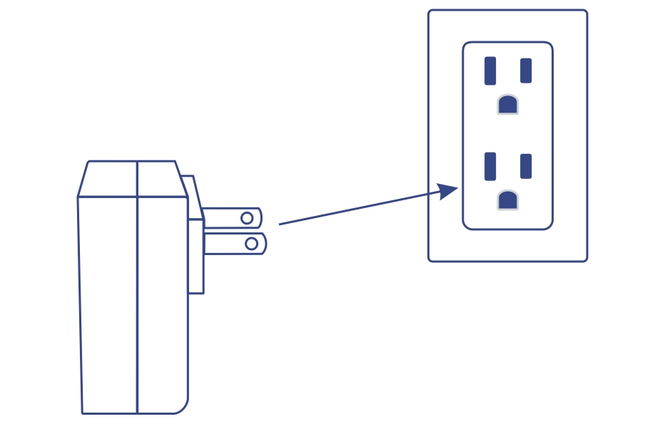 Line drawing of a Powerline adapter plug aiming towards an electrical outlet.