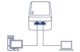 L’appareil CPL 500 WiFi Everywhere™ se connecte à deux ordinateurs à l’aide de ports Ethernet, étendant ainsi les connexions filaires hautes performances. Un ordinateur est un ordinateur de bureau avec un moniteur, et l’autre est un ordinateur portable. Cette configuration démontre la capacité de l’appareil à fournir un accès Internet filaire dans toute la maison.