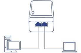 A diagram shows a network setup with a central device, likely a network switch, connected to a desktop computer and a laptop via Ethernet cables. The diagram highlights how TRENDnet adapters can be plugged in for encrypted Powerline signal auto-connection over an existing electrical system.