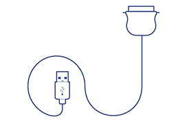 Ein USB-Kabel mit einem Standard-USB-A-Anschluss an einem Ende und einem Parallelport-Anschluss am anderen Ende. Das Kabel ist aufgewickelt.