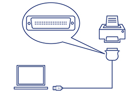 Ein Laptop wird an einen USB-auf-Parallelport-Adapter angeschlossen, der dann an einen Drucker angeschlossen wird. Eine Nahaufnahme des Parallelport-Steckverbinders ist in einer Sprechblase hervorgehoben.