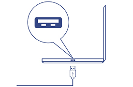 Ein Laptop wird mit einem hervorgehobenen USB-Anschluss angezeigt, und ein USB-Kabel wird an den Anschluss angeschlossen, wobei hervorgehoben wird, wo das USB-Kabel eingesteckt werden soll.