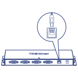 Arte de linha de um hub USB para serial RS232 de 4 portas mostrando uma porta USB em um balão de fala.