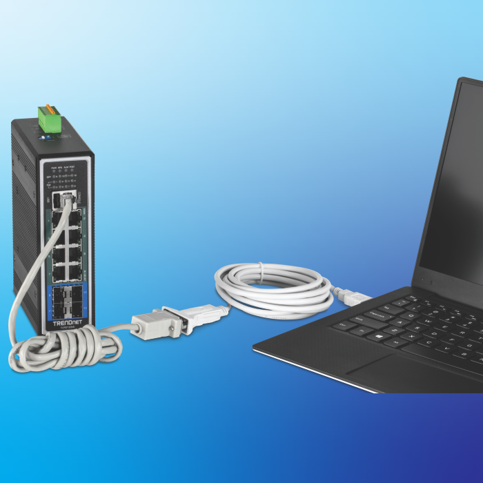 A network diagram using a USB to Serial Converter Cable for the network connection of a laptop.