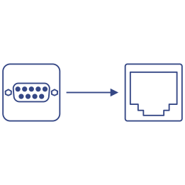 Line art showing a serial port with an arrow pointing into an Ethernet port.