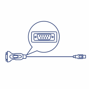 La ilustración muestra un cable con un conector serie RS-232 en un extremo y un conector USB en el otro.