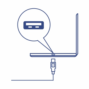 Se muestra una computadora portátil con un puerto USB resaltado y se conecta un cable USB al puerto, enfatizando dónde se debe insertar el cable USB.