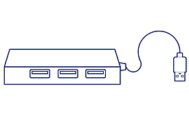 A 4-Port USB 3.0 Mini Hub with three rectangular ports on its front side and a cable extending from the right side, ending in a USB connector.