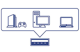 An illustration shows a network setup where a gaming console with a controller, a desktop computer with a monitor, and a laptop are all connected to a central hub, represented as a router or network switch within a speech bubble. The bottom portion shows a USB 3.0 port.