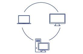 Three computers (desktop, server, laptop) connected in a circle, symbolizing compatibility with Windows and Mac operating systems.
