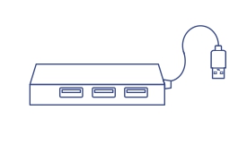 Line drawing of a 4-port USB-C mini hub with an integrated USB cable.
