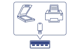 Illustration montrant un scanner, une imprimante et une clé USB en tant qu’options pouvant être connectées à un mini-hub USB-C à 4 ports.