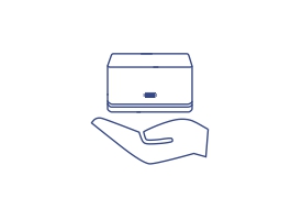 Um desenho de linha minimalista mostra uma mão aberta segurando um cubo de encaixe Mini USB-C HD compacto. O design permite conectar periféricos de estação de trabalho por meio de uma única conexão USB-C, enfatizando seu recurso de economia de espaço.