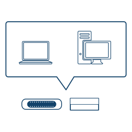 Line art illustration of a USB-C plug and a USB-A connector, with a laptop and desktop.