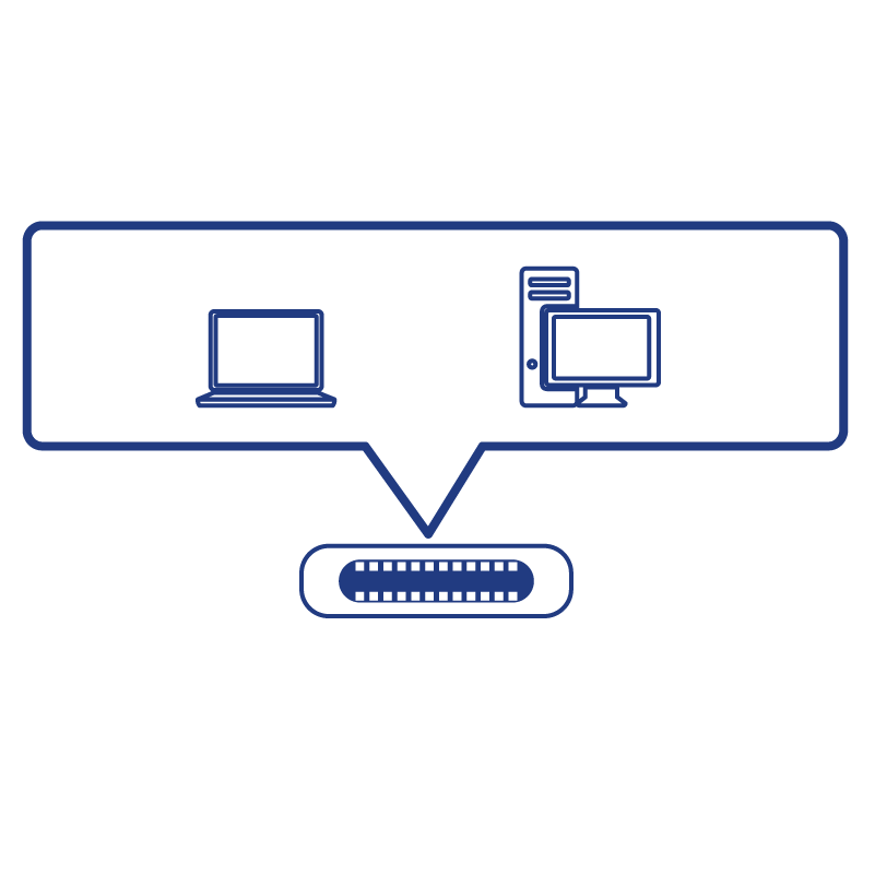 Line art illustration of a USB-C plug and a USB-A connector, with a laptop and desktop.