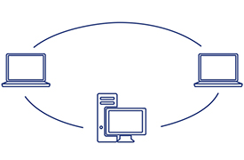 A network diagram displays a desktop computer centrally positioned, connected to two laptops by curved lines, indicating a network connection and data exchange pathway among the devices.