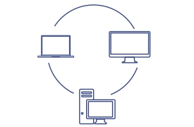 Three computers (desktop, server, laptop) connected in a circle, symbolizing compatibility with Windows and Mac operating systems.