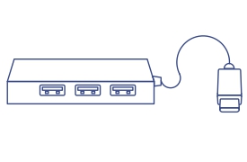 A compact USB hub with three ports has a 10.5 cm (4.1 in) flexible USB-C cable, designed to fit various setups easily.