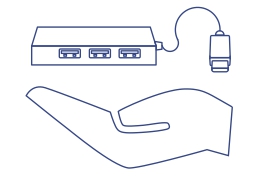 The illustration depicts a hand holding a compact USB hub with three ports connected to a USB cable. The ultra-mini design reduces desktop clutter.