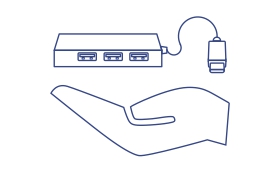 Line drawing of a 4-Port USB-C Mini Hub resting on an open hand to demonstrate its compact size. The USB-C Mini Hub has multiple ports on the front panel, indicating connectivity options.