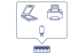 Illustration showing a scanner, printer, and USB flash drive as options that can be connected to a 4-Port USB-C Mini Hub.
