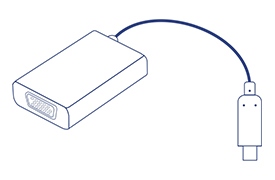 Line drawing of a USB-C to VGA Adapter with Power Delivery and an integrated USB cable.