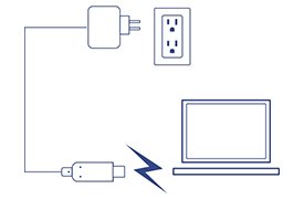 A simplified line drawing showing a USB-C to VGA Adapter with Power Delivery setup. It includes a wall power outlet, a plug with a cable connected to a power adapter, and the adapter’s cable leading to a laptop, indicating the flow of electricity.