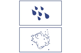 The illustration depicts two icons side by side. The first icon, on the left, shows several raindrops representing water resistance. The second icon, on the right, features a cloud with small dots, signifying dust resistance. These icons emphasize the product's durability in outdoor conditions.