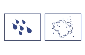 Die Abbildung zeigt zwei Symbole nebeneinander. Das erste Symbol auf der linken Seite zeigt mehrere Regentropfen, die die Wasserbeständigkeit darstellen. Das zweite Symbol auf der rechten Seite zeigt eine Wolke mit kleinen Punkten, die die Staubbeständigkeit anzeigen. Diese Symbole betonen die Langlebigkeit des Produkts im Freien.