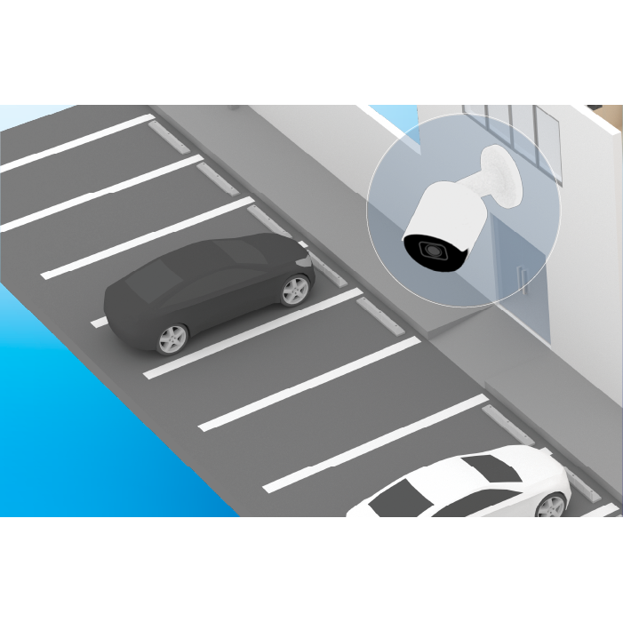 An illustration of a bullet camera mounted on a wall, overlooking a parking lot.