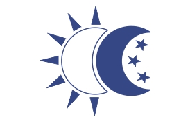 Eine stilisierte Darstellung von Sonne und Mond, wobei sich die Sonnenstrahlen nach außen erstrecken und eine Mondsichel die Sonne überlappt. Im Inneren der Mondsichel befinden sich vier Sterne, alle in einem blauen Farbschema.