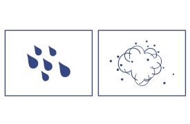 Die Abbildung zeigt zwei Symbole nebeneinander. Das erste Symbol auf der linken Seite zeigt mehrere Regentropfen, die die Wasserbeständigkeit darstellen. Das zweite Symbol auf der rechten Seite zeigt eine Wolke mit kleinen Punkten, die die Staubbeständigkeit anzeigen. Diese Symbole betonen die Langlebigkeit des Produkts im Freien.