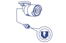 A security camera is depicted with a cable extending from it, leading to a connector. A magnified view of the connector shows a symbol indicating Power over Ethernet (PoE).