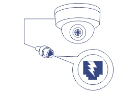 A security camera is depicted with a cable extending from it, leading to a connector. A magnified view of the connector shows a symbol indicating Power over Ethernet (PoE).