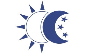 A stylized representation of the sun and moon, with the sun's rays extending outward and a crescent moon overlapping the sun. Inside the crescent moon are four stars, all in a blue color scheme.