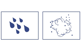 The illustration depicts two icons side by side. The first icon, on the left, shows several raindrops representing water resistance. The second icon, on the right, features a cloud with small dots, signifying dust resistance. These icons emphasize the product's durability in outdoor conditions.