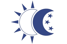 A stylized representation of the sun and moon, with the sun's rays extending outward and a crescent moon overlapping the sun. Inside the crescent moon are four stars, all in a blue color scheme.