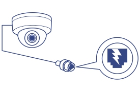 A security camera is depicted with a cable extending from it, leading to a connector. A magnified view of the connector shows a symbol indicating Power over Ethernet (PoE).