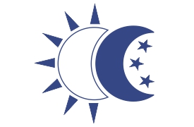 A stylized representation of the sun and moon, with the sun's rays extending outward and a crescent moon overlapping the sun. Inside the crescent moon are four stars, all in a blue color scheme.