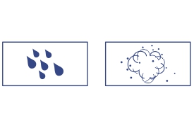The illustration depicts two icons side by side. The first icon, on the left, shows several raindrops representing water resistance. The second icon, on the right, features a cloud with small dots, signifying dust resistance. These icons emphasize the product's durability in outdoor conditions.