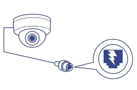 A security camera is depicted with a cable extending from it, leading to a connector. A magnified view of the connector shows a symbol indicating Power over Ethernet (PoE).
