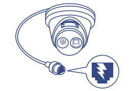 Illustration of a closed-circuit television (CCTV) camera, with a focus on its power connection point and an enlarged detail showing a PoE symbol, indicating the camera’s electrical power source.