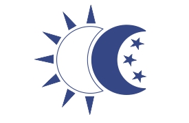 A stylized representation of the sun and moon, with the sun's rays extending outward and a crescent moon overlapping the sun. Inside the crescent moon are four stars, all in a blue color scheme.