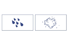 The illustration depicts two icons side by side. The first icon, on the left, shows several raindrops representing water resistance. The second icon, on the right, features a cloud with small dots, signifying dust resistance. These icons emphasize the product's durability in outdoor conditions.