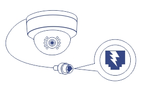 A security camera is depicted with a cable extending from it, leading to a connector. A magnified view of the connector shows a symbol indicating Power over Ethernet (PoE).