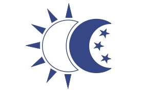 A stylized representation of the sun and moon, with the sun's rays extending outward and a crescent moon overlapping the sun. Inside the crescent moon are four stars, all in a blue color scheme.