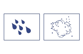 The illustration depicts two icons side by side. The first icon, on the left, shows several raindrops representing water resistance. The second icon, on the right, features a cloud with small dots, signifying dust resistance. These icons emphasize the product's durability in outdoor conditions.